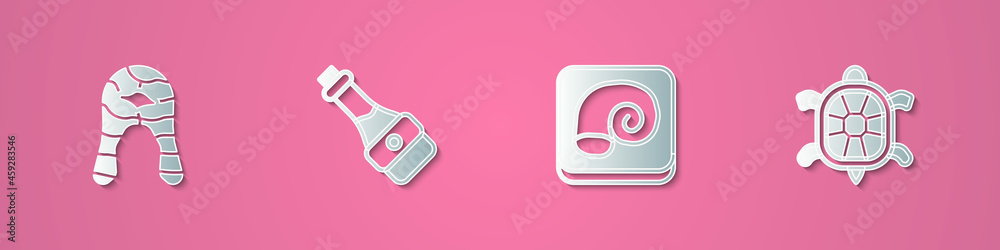 Set paper cut Fish steak, Soy sauce bottle, Octopus on plate and Turtle icon. Paper art style. Vector Set paper cut Fish steak, Soy sauce bottle, Octopus on plate and Turtle icon. Paper art style. Vector