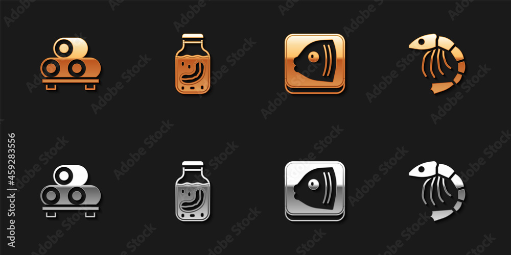 Set Sushi on cutting board, Sea cucumber jar, Fish head and Shrimp icon. Vector Set Sushi on cutting board, Sea cucumber jar, Fish head and Shrimp icon. Vector
