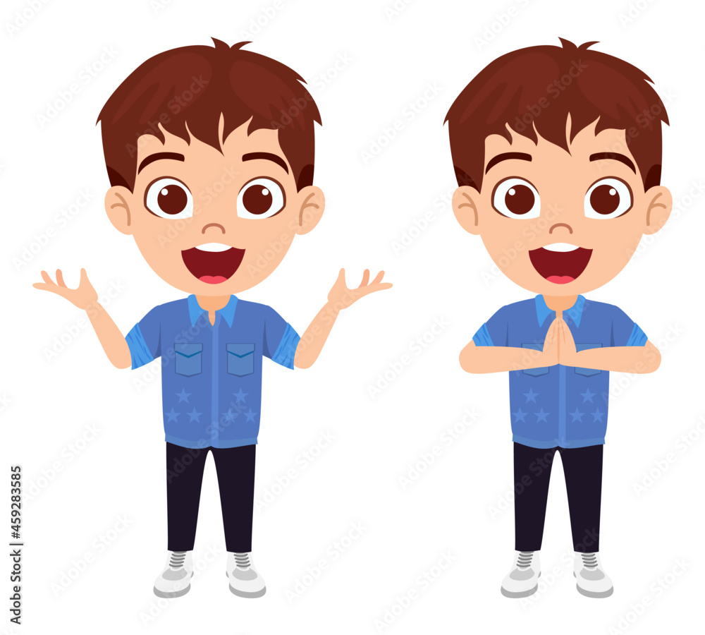 Happy cute kid boy character standing and doing different actions waving welcoming isolated Happy cute kid boy character standing and doing different actions waving welcoming isolated