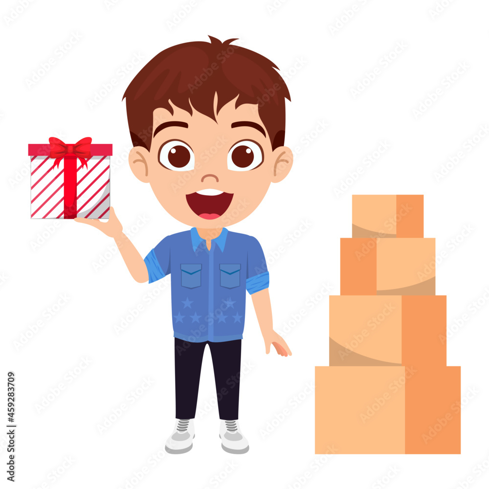 Happy cute kid boy character standing with gifts and gift boxes Happy cute kid boy character standing with gifts and gift boxes
