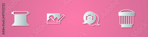Set paper cut Empty photo studio, Photo retouching, camera and Camera lens icon. Paper art style. Vector