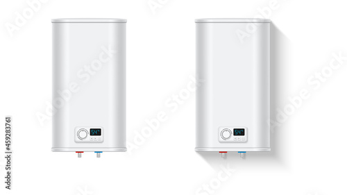 Realistic electric water heater. Isolated water heater on white background. Front view. Vector illustration.