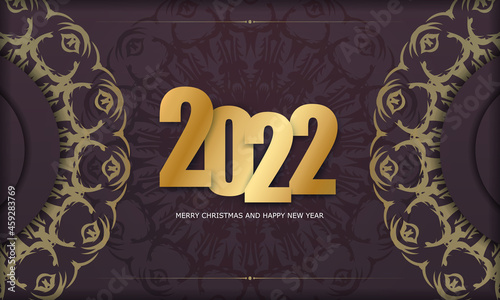 Greeting card template 2022 Merry Christmas and Happy New Year burgundy color with winter gold ornament