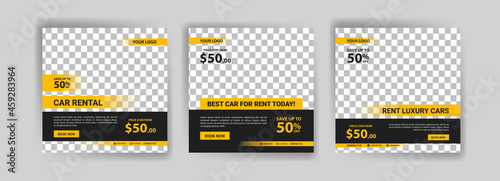 Social media post template for automotive car rental service. Banner vector for social media ads, web ads, business messages, discount flyers and big sale banners.