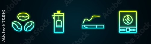 Set line Coffee beans, French press, Cigarette and Electronic coffee scales. Glowing neon icon. Vector