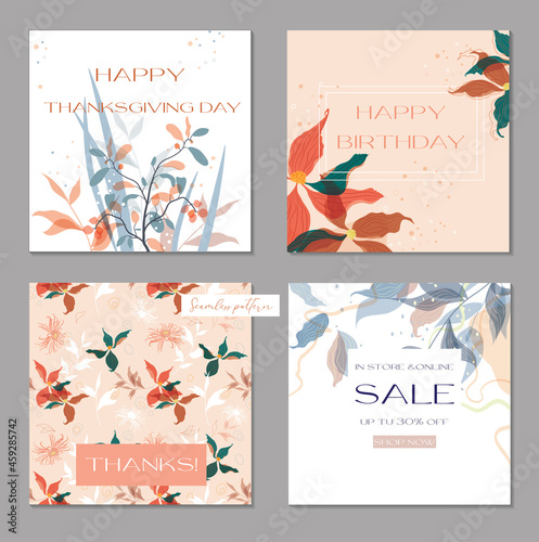 Set trendy abstract square art templates with floral elements. Suitable for social media posts, mobile apps, banners design and web internet ads.Gentle pastel colors. Seamless natural pattern. Vector