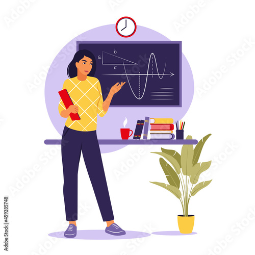 Teaching concept. Woman teacher near blackboard. Vector illustration. Flat