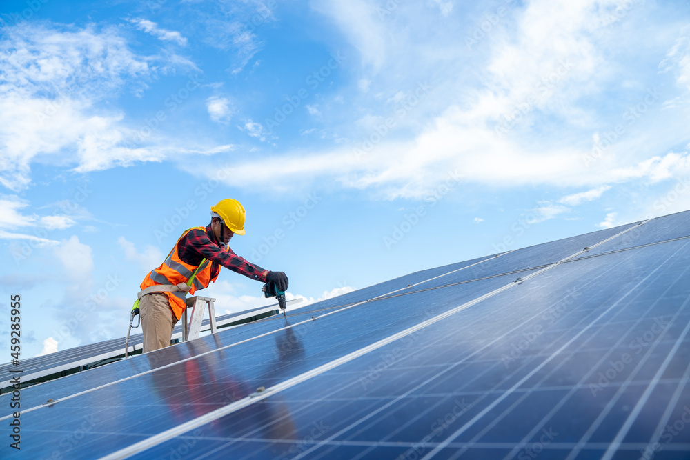 Engineer or electrician checking and maintenance on replacement solar panel at solar power plant,Green energy and sustainable development for solar energy power generator,Technology solar cell Engineer or electrician checking and maintenance on replacement solar panel at solar power plant,Green energy and sustainable development for solar energy power generator,Technology solar cell