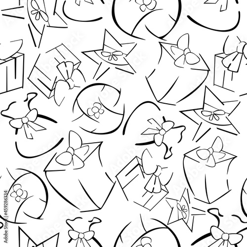 Hand drawn illustration. Holiday doodle. Seamless pattern. Presents in the doodle style. Illustration for posters, cards, stickers and notebook covers design.