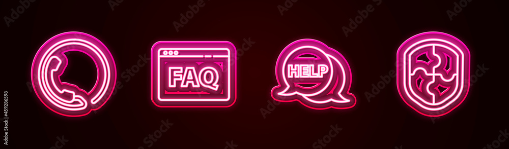 Set line Telephone 24 hours support, Browser FAQ, Speech bubble with text Help and Shield. Glowing neon icon. Vector