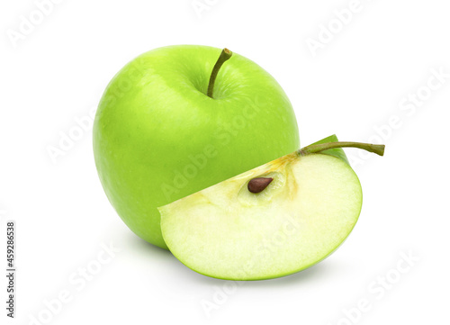 green apple fruit and slices isolated on white background, fresh green apple fruit.