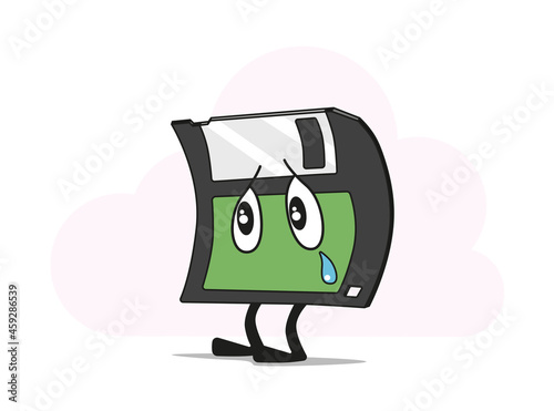 Cute sad old floppy disk character crying. Funny cartoon style vector illustration.