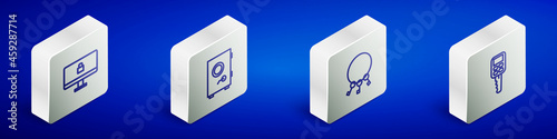 Set Isometric line Lock on computer monitor, Safe, Bunch of keys and Car with remote icon. Vector