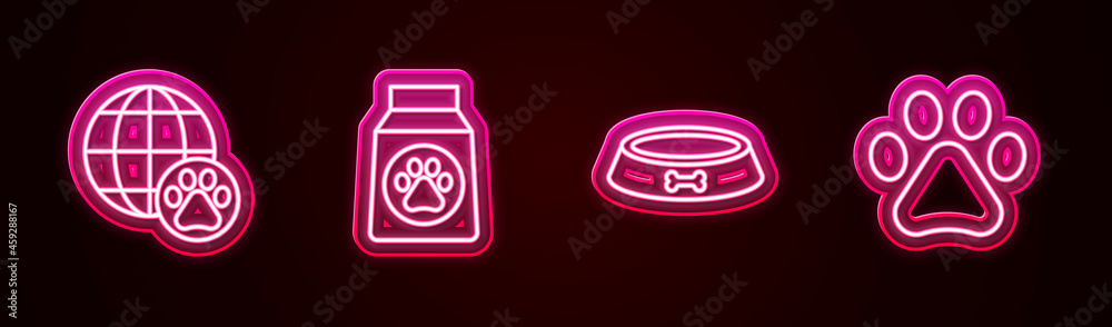 Set line World pet, Bag of food, Pet bowl and Paw print. Glowing neon icon. Vector Set line World pet, Bag of food, Pet bowl and Paw print. Glowing neon icon. Vector