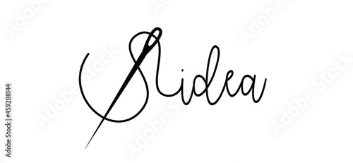 Cartoon needle with thread and slaogan idea or big ideas. Needle pictogram. Black wire vector icon. For sewing clothes. Needle eye symbol. Needlework silhouette line pattern logo. Think great success