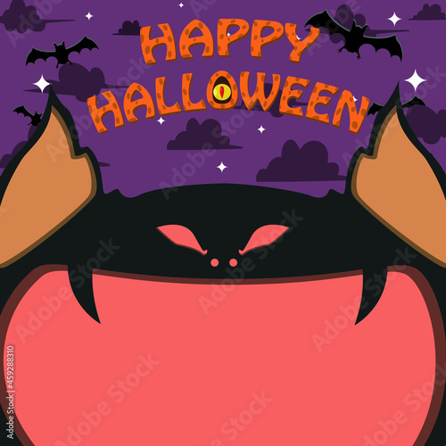 Halloween Character Design. With Creepy Bat Character. Big Face and Open Mouth. In Grave field