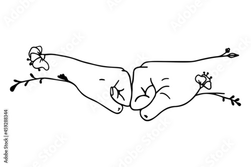 Hands of a woman and a man in flowers. The concept of equality, friendship, love, tolerant society. Beautiful l Vector black and white illustration isolated on white background.