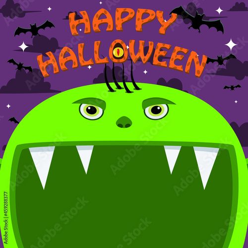 Halloween Character Design. With Goblin Character. Big Face and Open Mouth. In Grave field