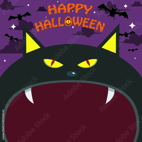 Halloween Character Design. With Black Cat Character. Big Face and Open Mouth. In Grave field