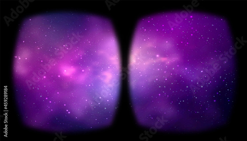 VR lens shape frame. View from virtual reality with galaxy simulation