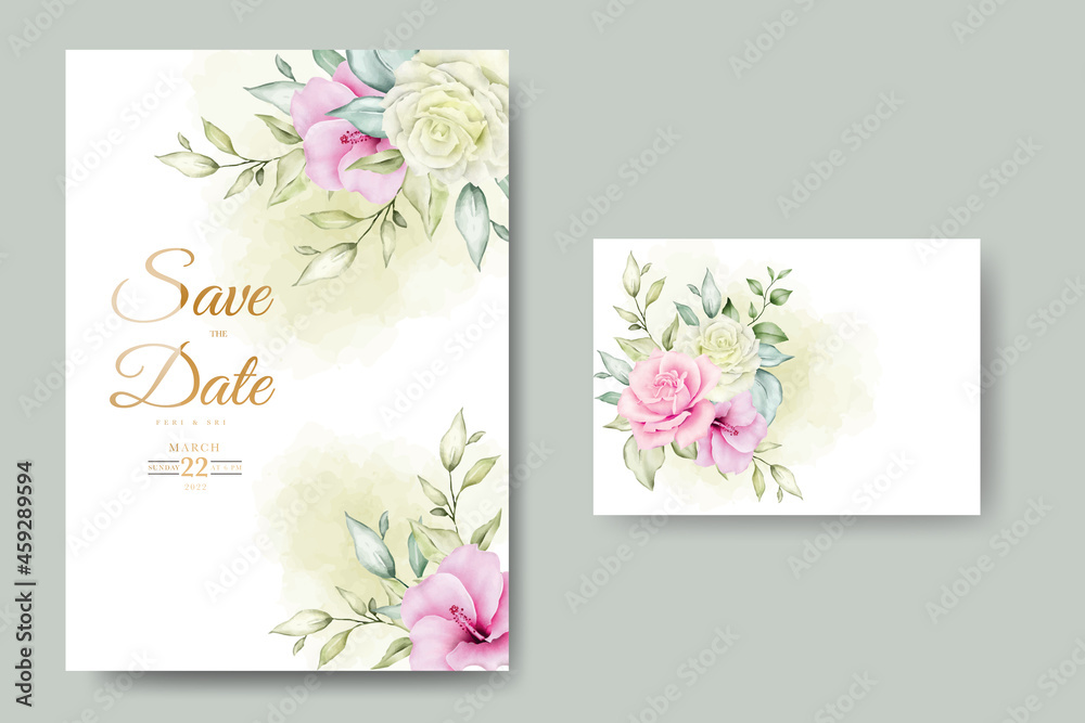 wedding invitation card with floral leaves watercolor template