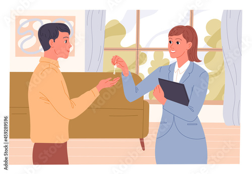 Agent gives the keys to the apartment to the new tenant