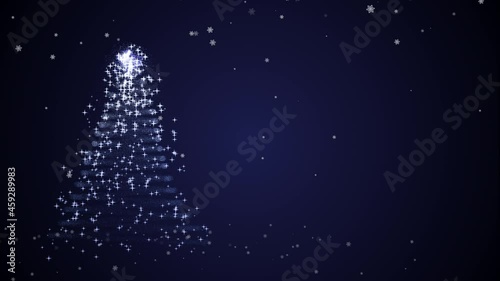 Holiday Animation. Merry Christmas greeting video card. Christmas tree with shining light and falling snowflakes