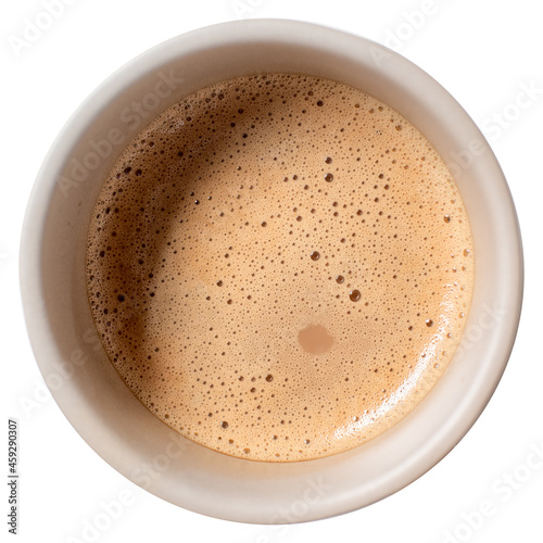 Top view of A cup of coffee isolated on white background, clipping path included