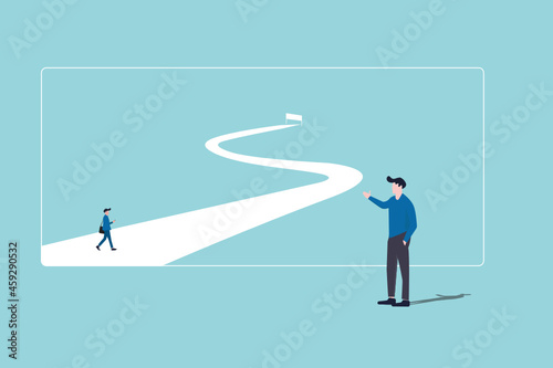 Business goal or objective vector concept with businessman walking winding path. Symbol of ambition, motivation and long road ahead. New opportunities concept