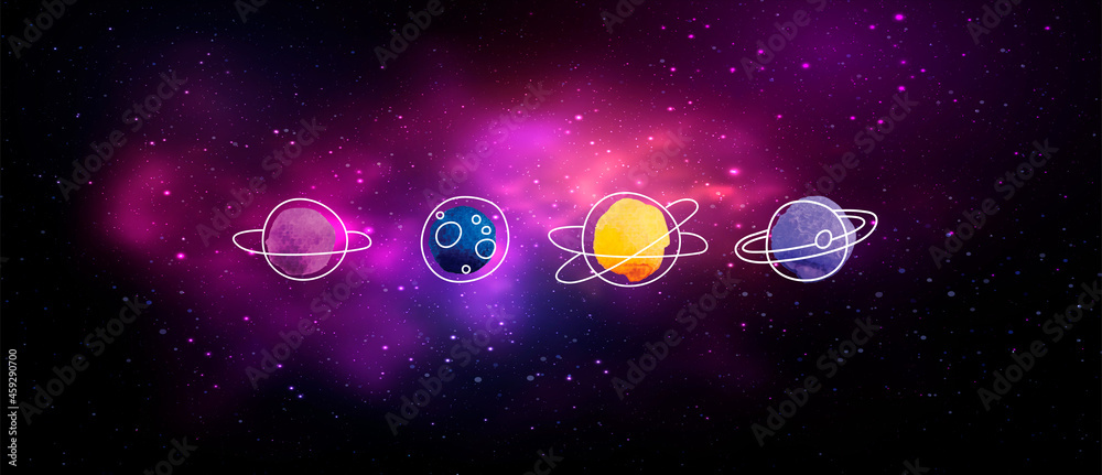 Vector handdrawn doodles on colorful space watercolor background
