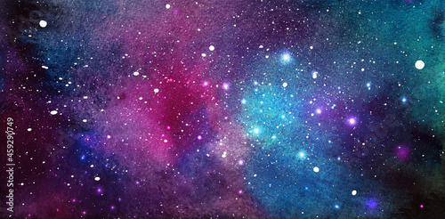 Vector cosmic illustration. Beautiful colorful space background. Watercolor Cosmos