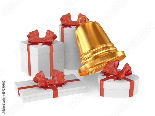 white boxes with red bow and bell on white background. Isolated 3D illustration