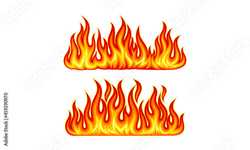 Set of red and orange fire flames set. Bright burning bonfire vector illustration