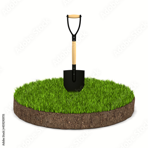 round soil ground with green grass and shovel on white background. Isolated 3...
