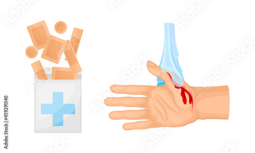 Skin burn injury treatment. First aid for thermal wound. Hand under cool water vector illustration