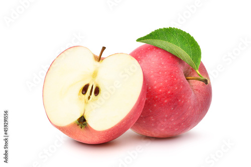 Fresh red Apple fruit with cut in half isolated on white background.