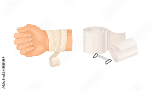 First aid for wound. Medical bandage wrapped around hurt human hand vector illustration