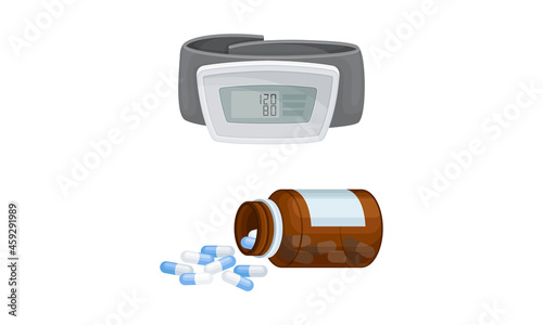 Set of different medical tools. Pill bottle and tonometer vector illustration