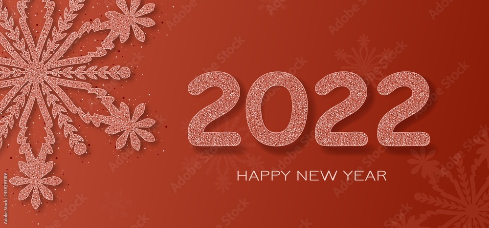 numbers and a snowflake in sequins, on a red background. Template for a postcard