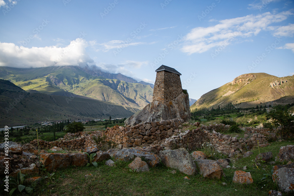 Amirkhan Tower - a unique historical building in the village of Upper Bakaria in summer