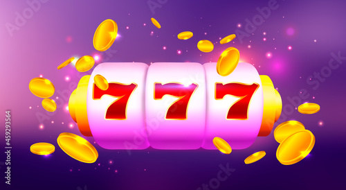 Slot Machine with Icons and Coins on Colorful Background. Online Casino Banner Illustration