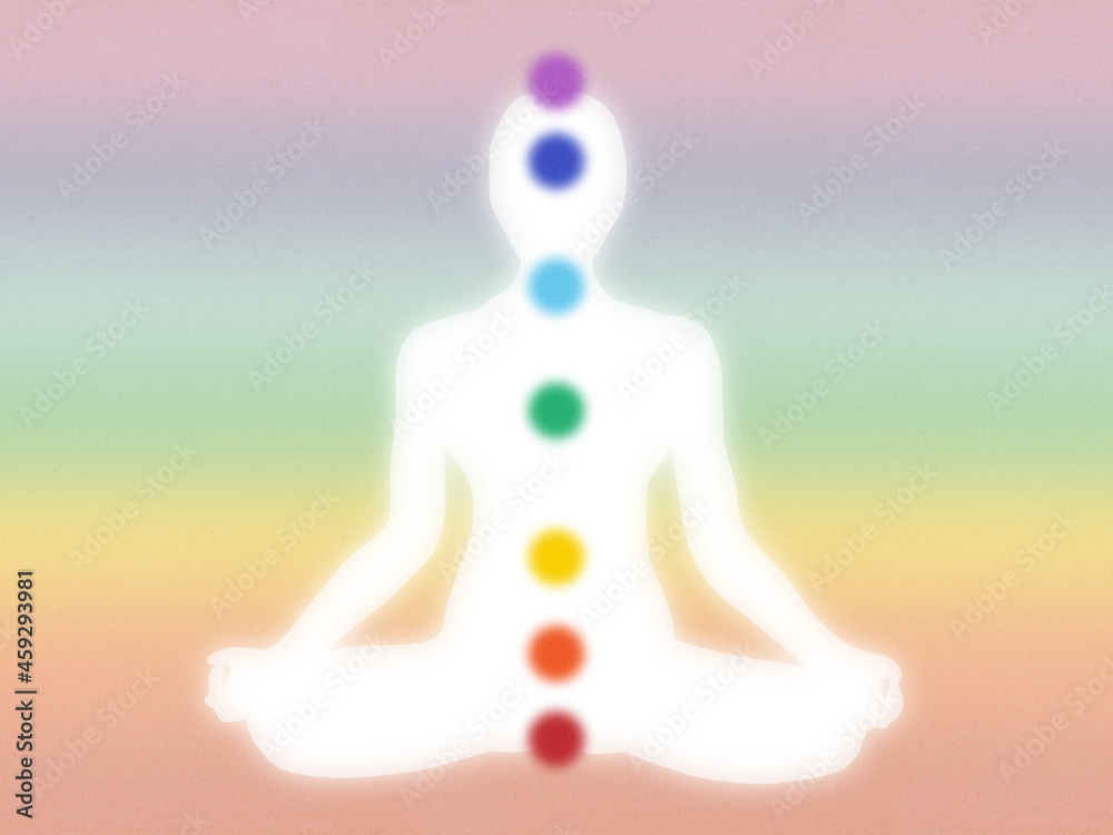 Modern grainy illustration of white meditating figure and the seven chakras - diagram, seated figure, pastel rainbow- high resolution