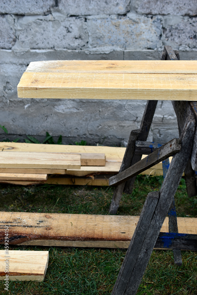 Pine white construction boards at the sawmill