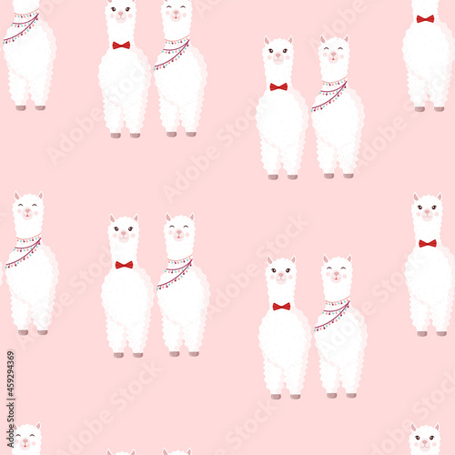Seamless pattern with llamas in love on a pink background. Vector illustration suitable for baby texture, textile, fabric, poster, Valentines day greeting card, decor. Cute alpaca from Peru.