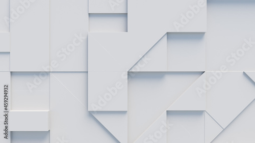 3D blocks of different shapes and sizes interlock to create a wall. White Business background .