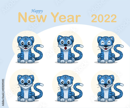 Cute vector blue tigers Happy Chinese new year greeting card 2022 Animal holidays cartoon character with different emotions