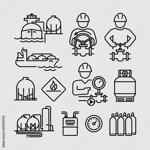 Natural Gas Related Vector Line Icons Set. Contains such Icons as Gas Carrier, Gas Tank, Gas Production Operator and more.