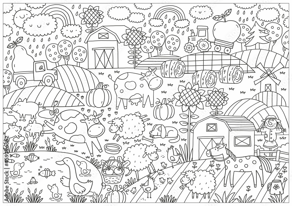 Happy Farm big coloring page. Halloween coloring page for kids. Cartoon big coloring poster in doodle style. Cute cow, dog, sheep, chicken, geese, horse, piglets