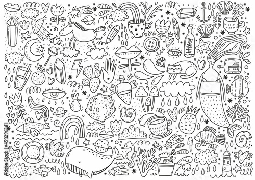 Magical coloring page for kids. Cartoon big coloring poster in doodle style. Cute unicorn, rainbow, mermaids, star, fish, cat, planet, space