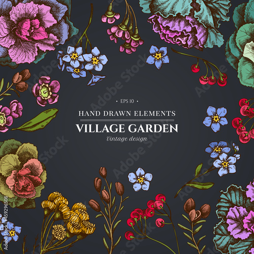 Floral design on dark background with wax flower, forget me not flower, tansy, ardisia, brassica, decorative cabbage